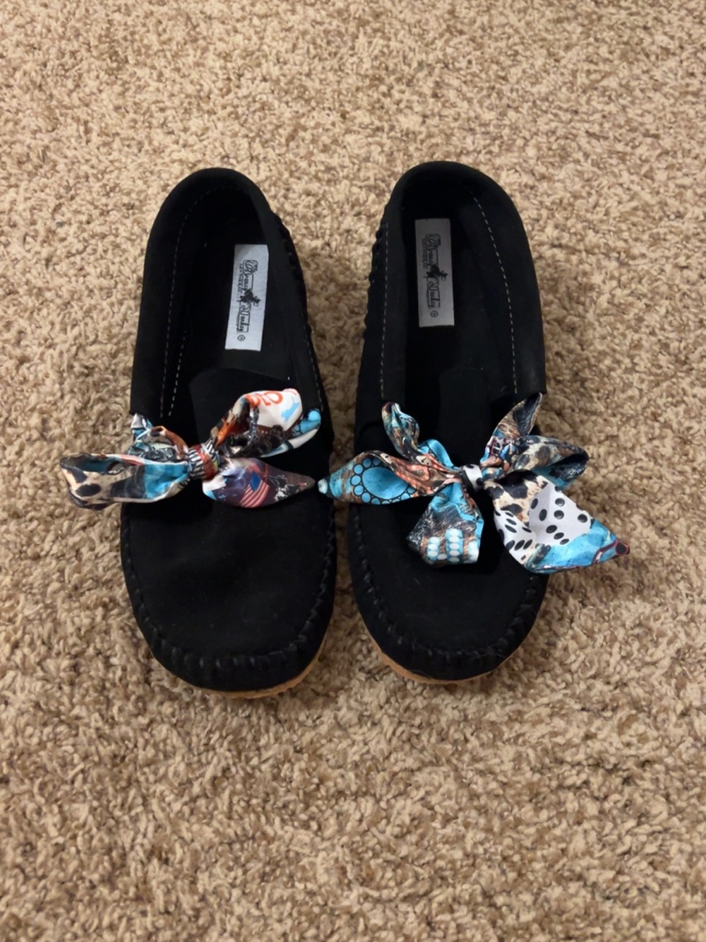 Black Moccasin Loafers with Blue Patterned Bow